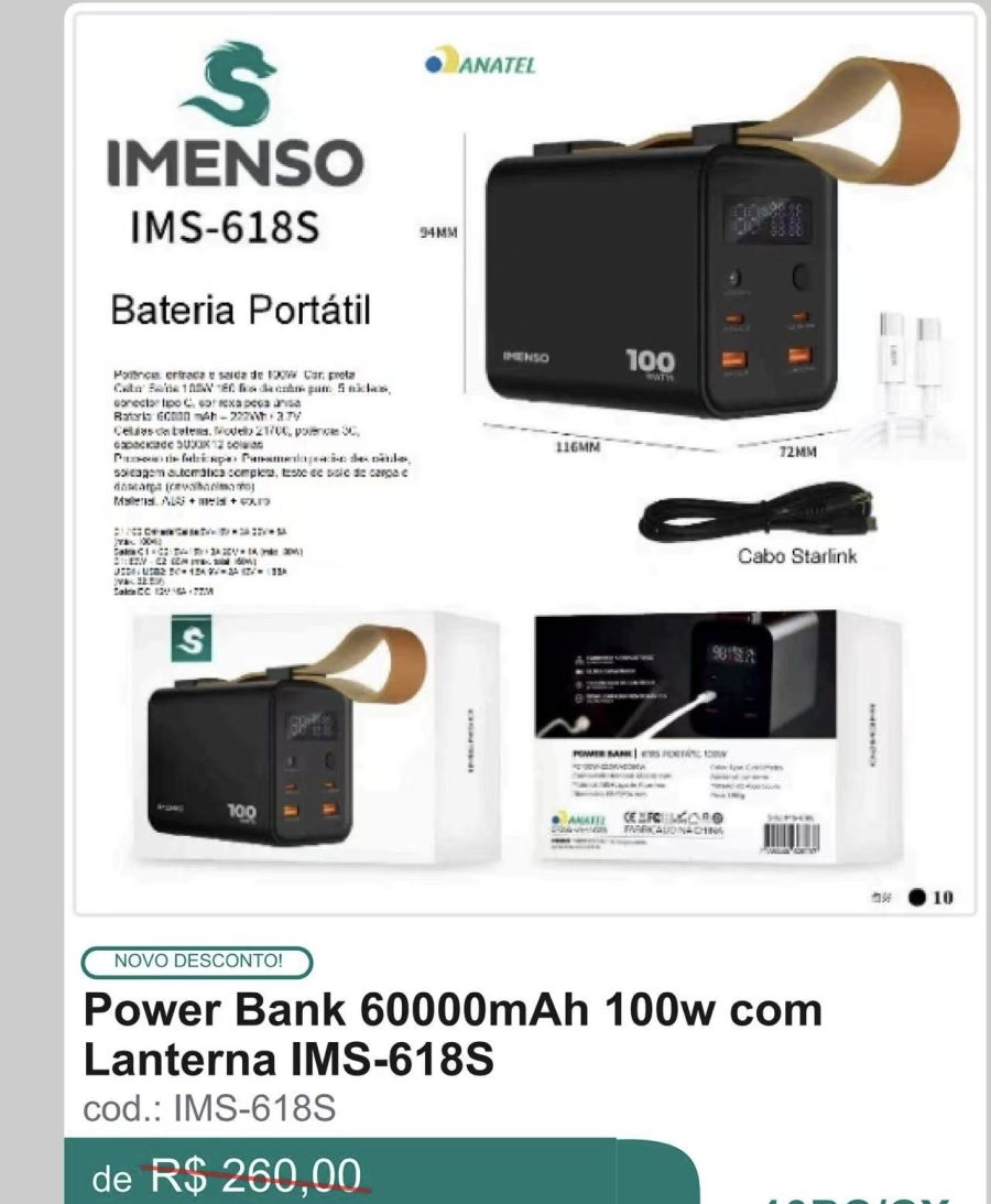 IMENSO便携式100W 60000mAh移动电源，带手电筒功能，型号IMS-618S