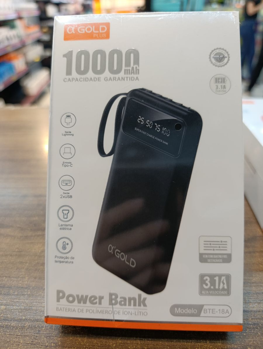 αGOLD 10000mAh移动电源，锂聚合物，带LED手电筒，型号BTE-18A