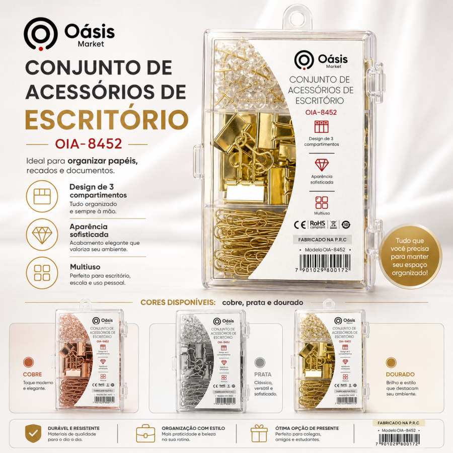Oásis 办公文具套件 OIA-8452，包含三种颜色的纸夹、回形针，适合整理文件