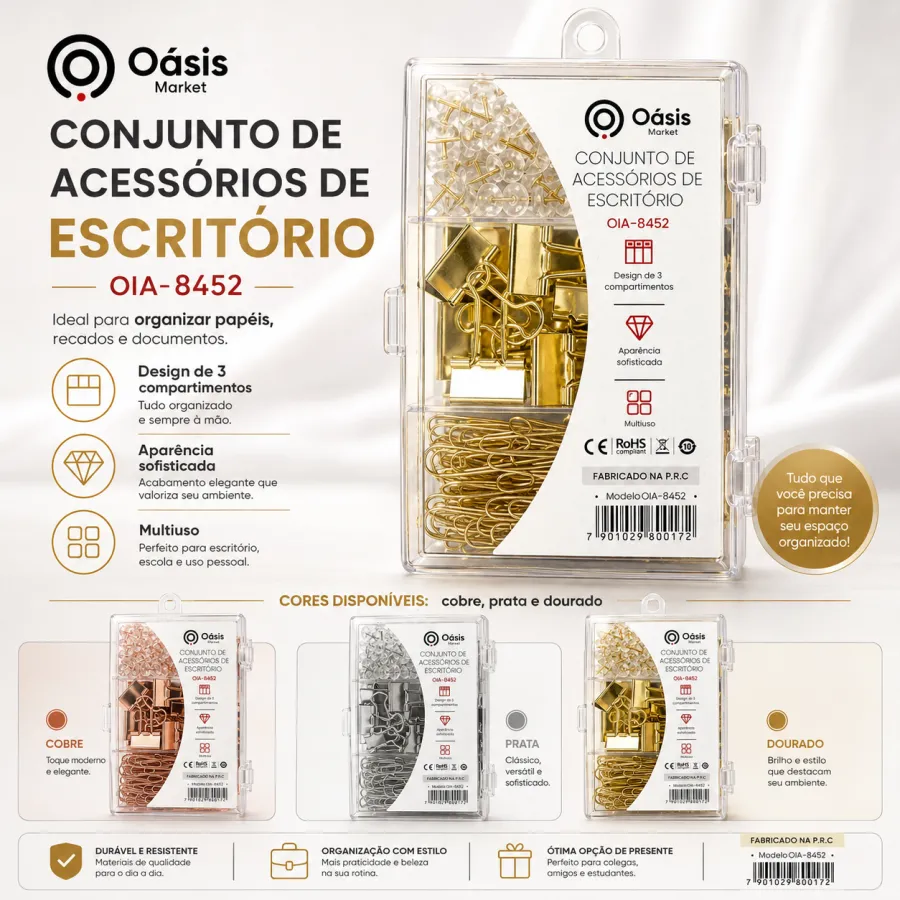 Oásis 办公文具套件 OIA-8452，包含三种颜色的纸夹、回形针，适合整理文件