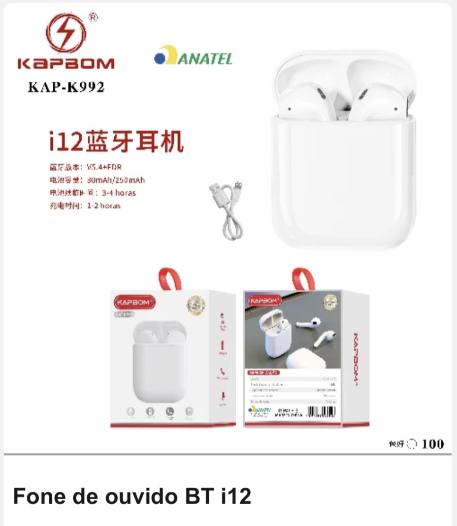 ka-992 KAPBOM i12蓝牙耳机，30小时续航，白色，适用于多种设备