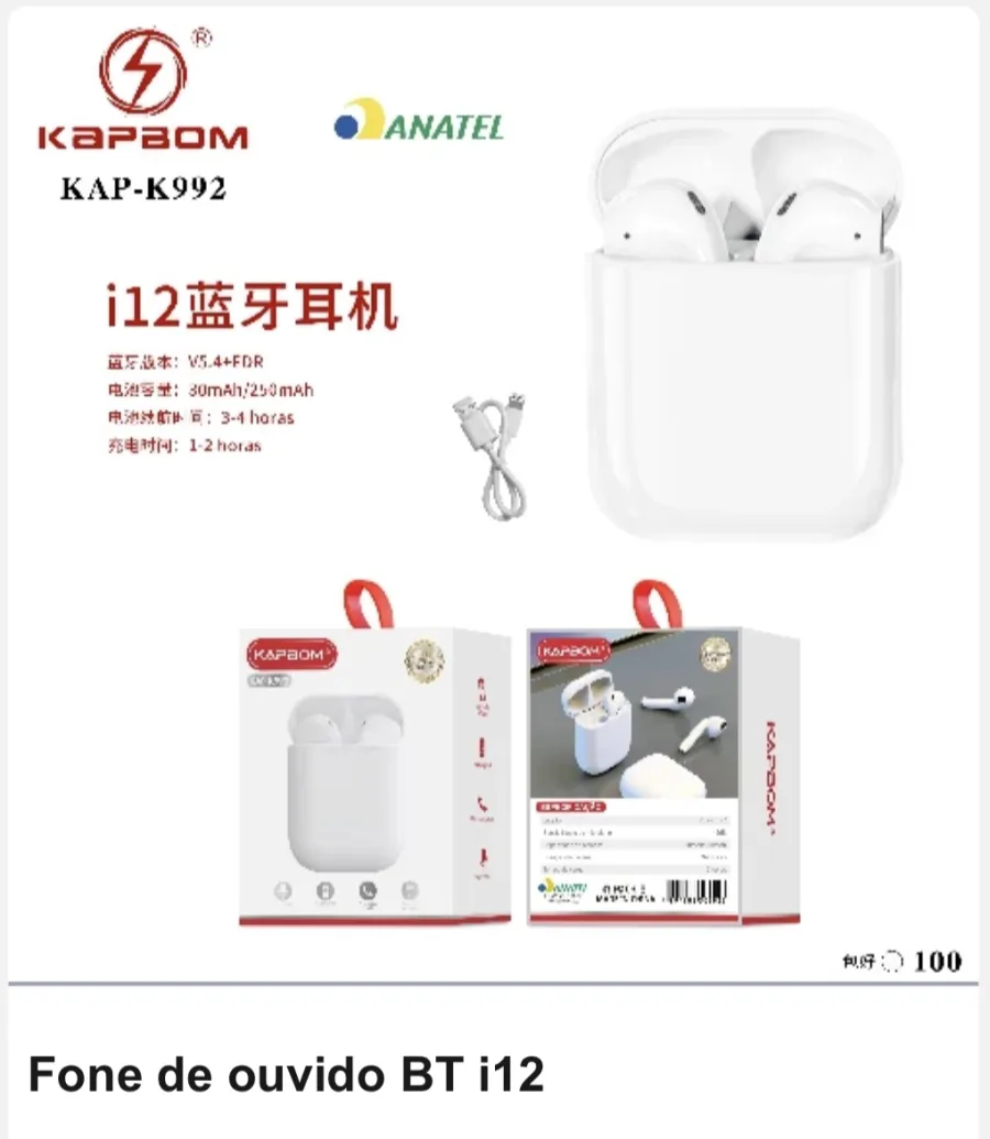 kap-k992 KAPBOM i12蓝牙耳机，30小时续航，白色，适用于多种设备