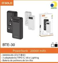 αGOLD BTE-30 20000mAh移动电源，支持TYPE-C、V8和Lighting接口，黑白双色可选