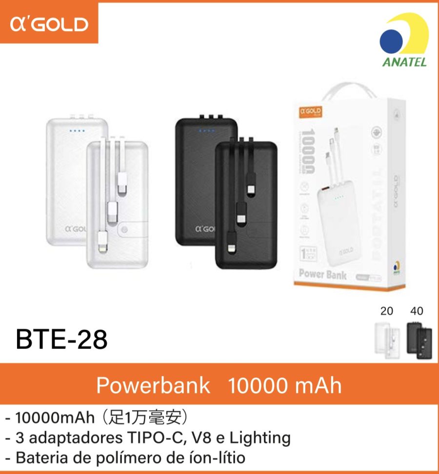 Bte-28 α'GOLD 10000mAh移动电源，支持USB、Lightning和Type-C，便携设计