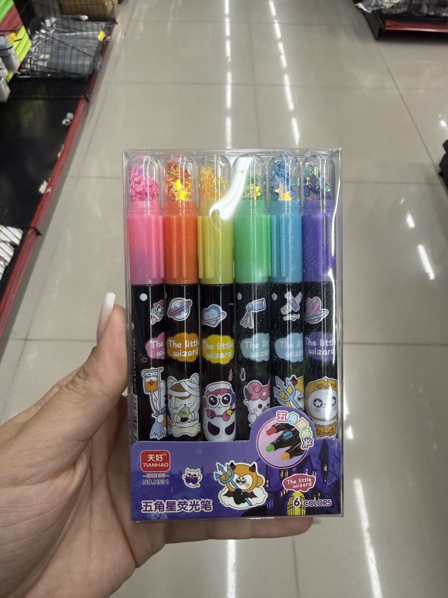 天鹅绒五角星荧光笔套装，6色，适合绘画和书写，卡通图案
