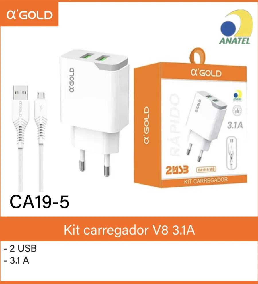 α'GOLD快充充电器套装，3.1A，适用于CA19-5/V8，白色