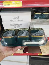 三组绿色餐具套装，带盖，含勺，适合家庭聚餐