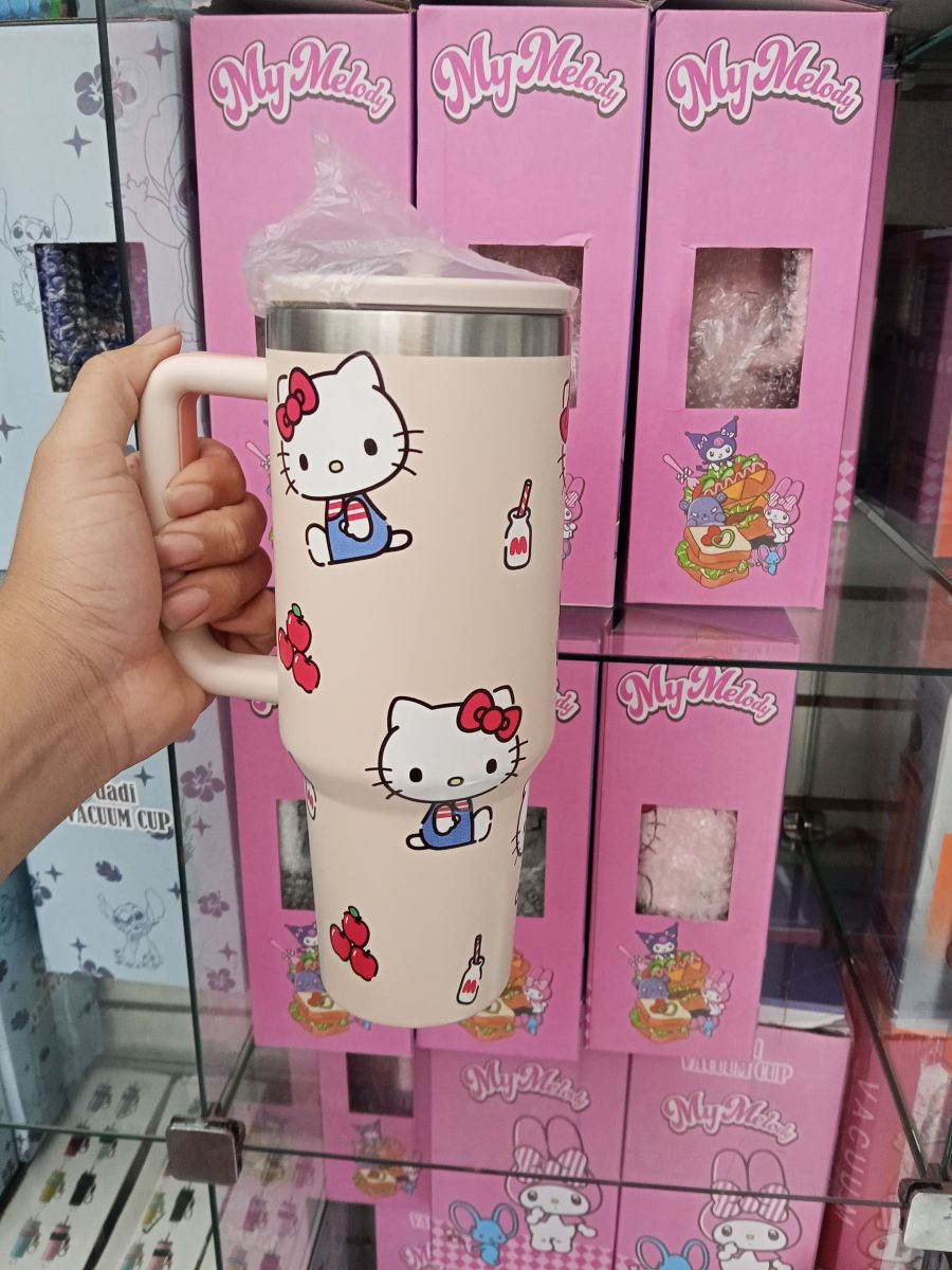 Hello Kitty 保温杯，橙色，带吸管，卡通设计，适合日常使用