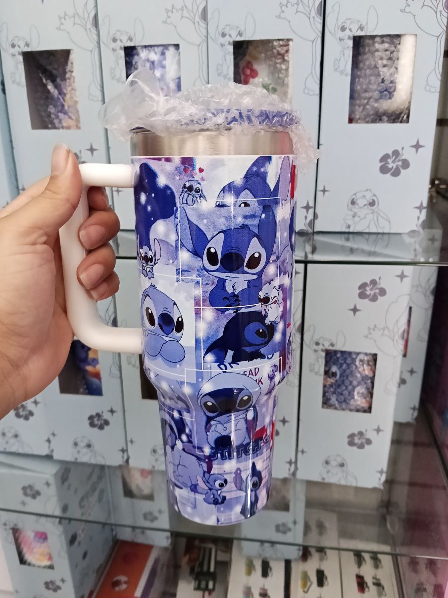 史迪奇图案保温杯，蓝色，容量大，适合旅行和日常使用