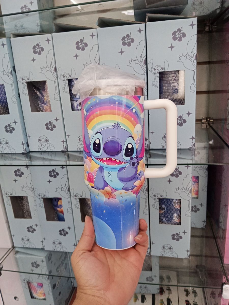 史迪奇图案保温杯，蓝色，容量大，适合旅行和日常使用