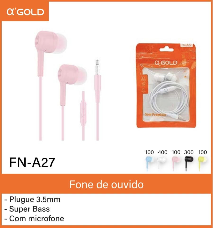 α'GOLD FN-A27 耳机 3.5mm插头 超重低音 带麦克风 粉色