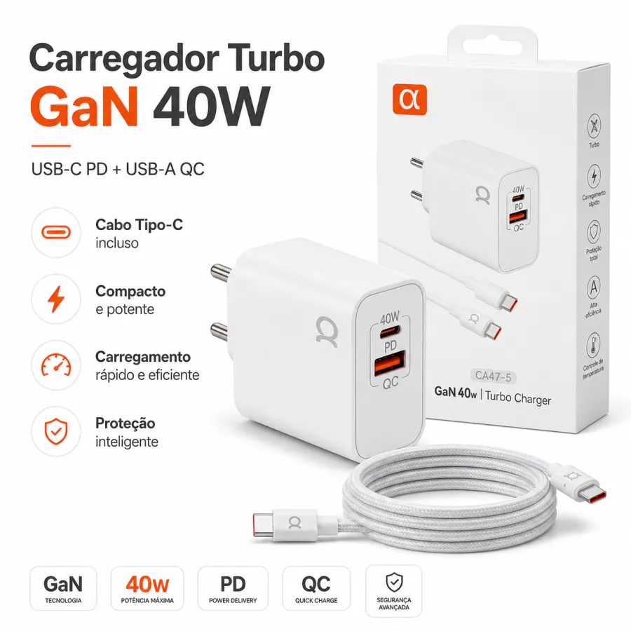 α品牌 GaN 40W 快充充电器 CA47-5，带数据线，适用于多种设备