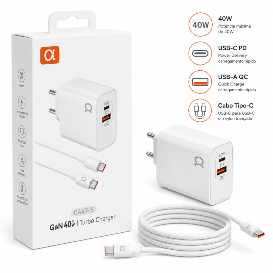 α品牌 GaN 40W 快充充电器 CA47-5，带数据线，适用于多种设备