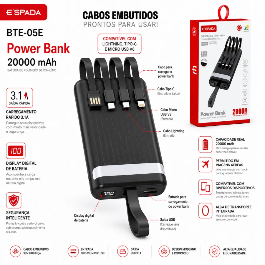 BTE-05E便携充电宝 20000mAh USB 内置线 现货