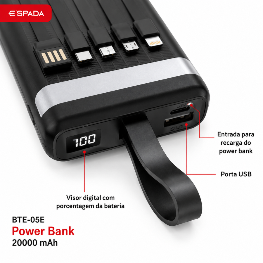 BTE-05E便携充电宝 20000mAh USB 内置线 现货