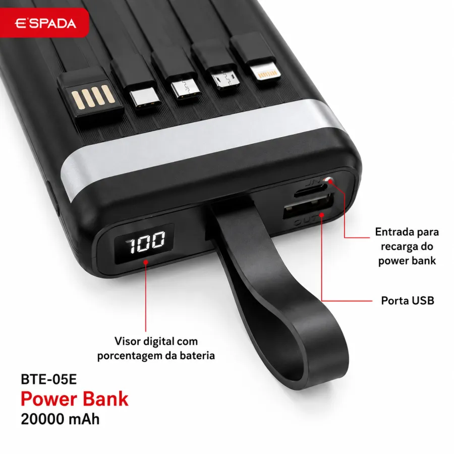 BTE-05E便携充电宝 20000mAh USB 内置线 现货