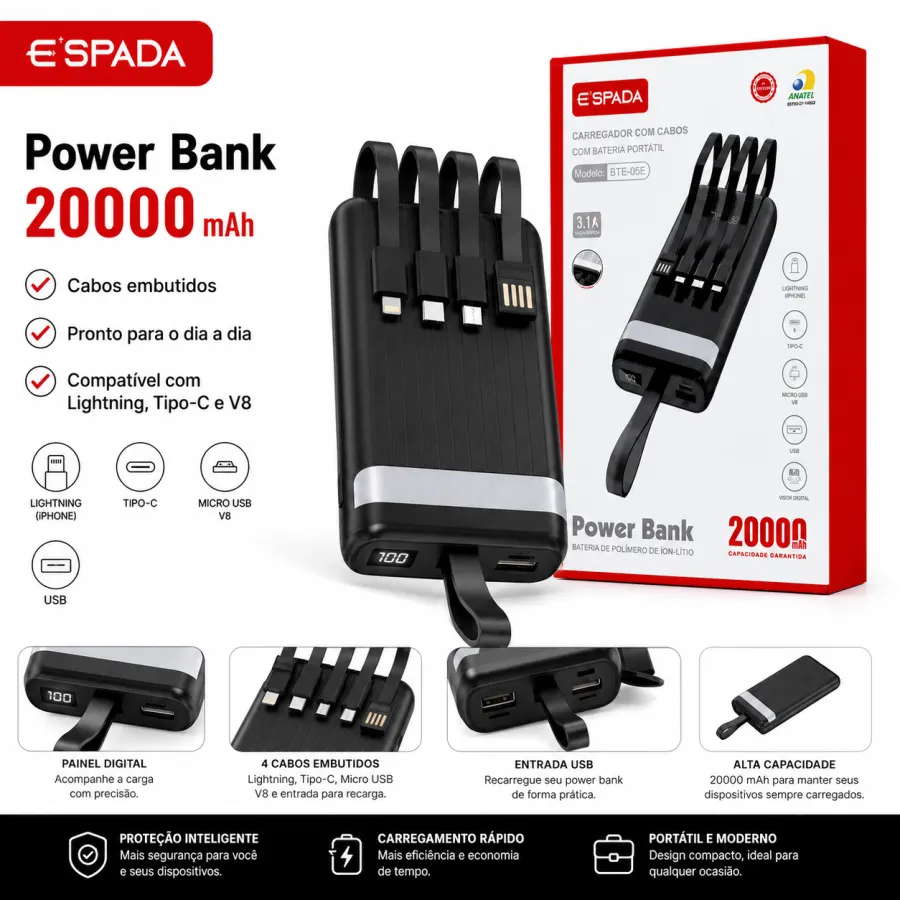 BTE-05E便携充电宝 20000mAh USB 内置线 现货