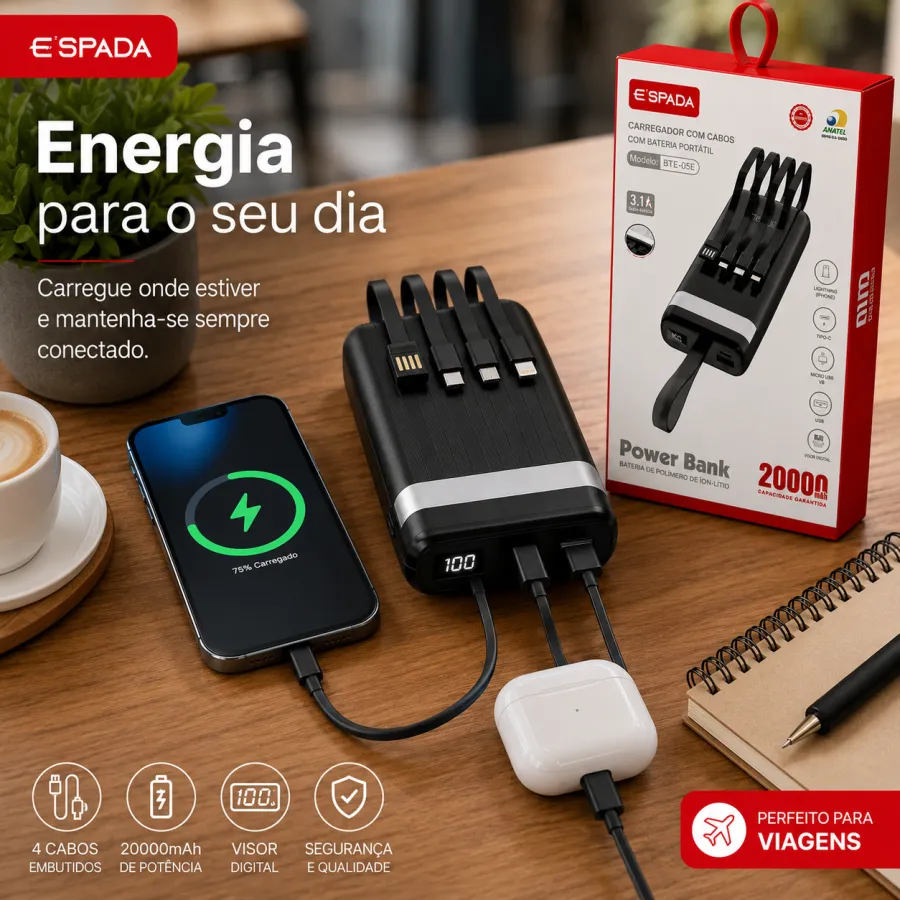 BTE-05E便携充电宝 20000mAh USB 内置线 现货