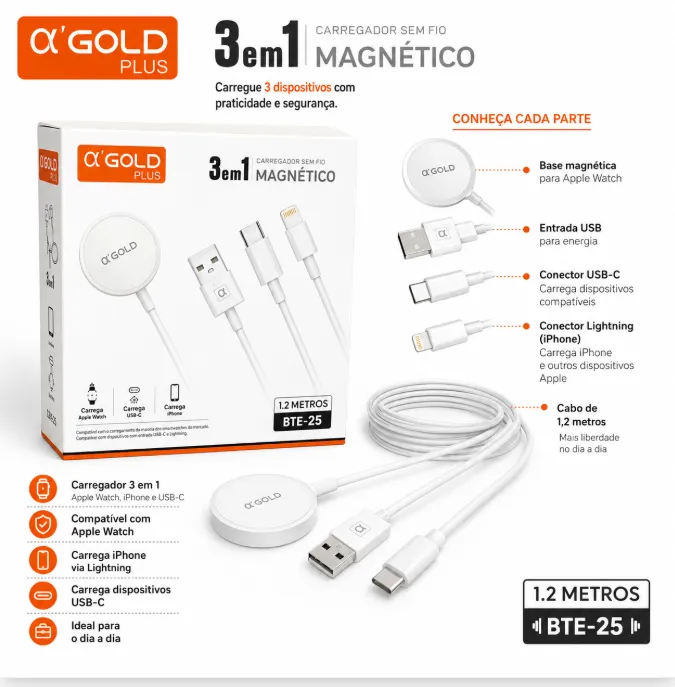 α'GOLD PLUS 3合1磁性充电线，适用于多种设备，1.2米长