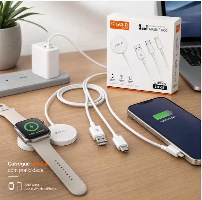 α'GOLD PLUS 3合1磁性充电线，适用于多种设备，1.2米长