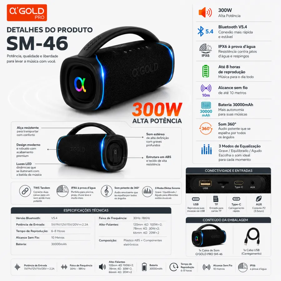 αGOLD PRO 蓝牙音箱 SM-46 300W 高音质 IPX6 防水 8小时续航