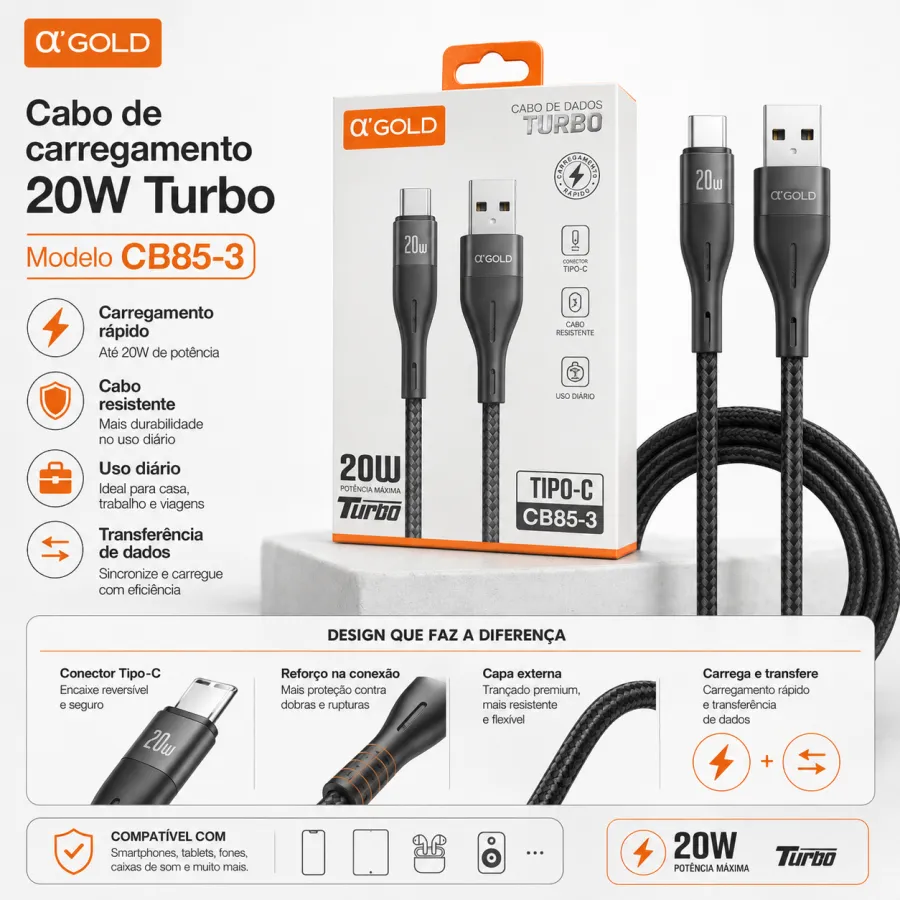 α GOLD 20W Turbo 编织数据线 tipo C IOS V8 CB98-3