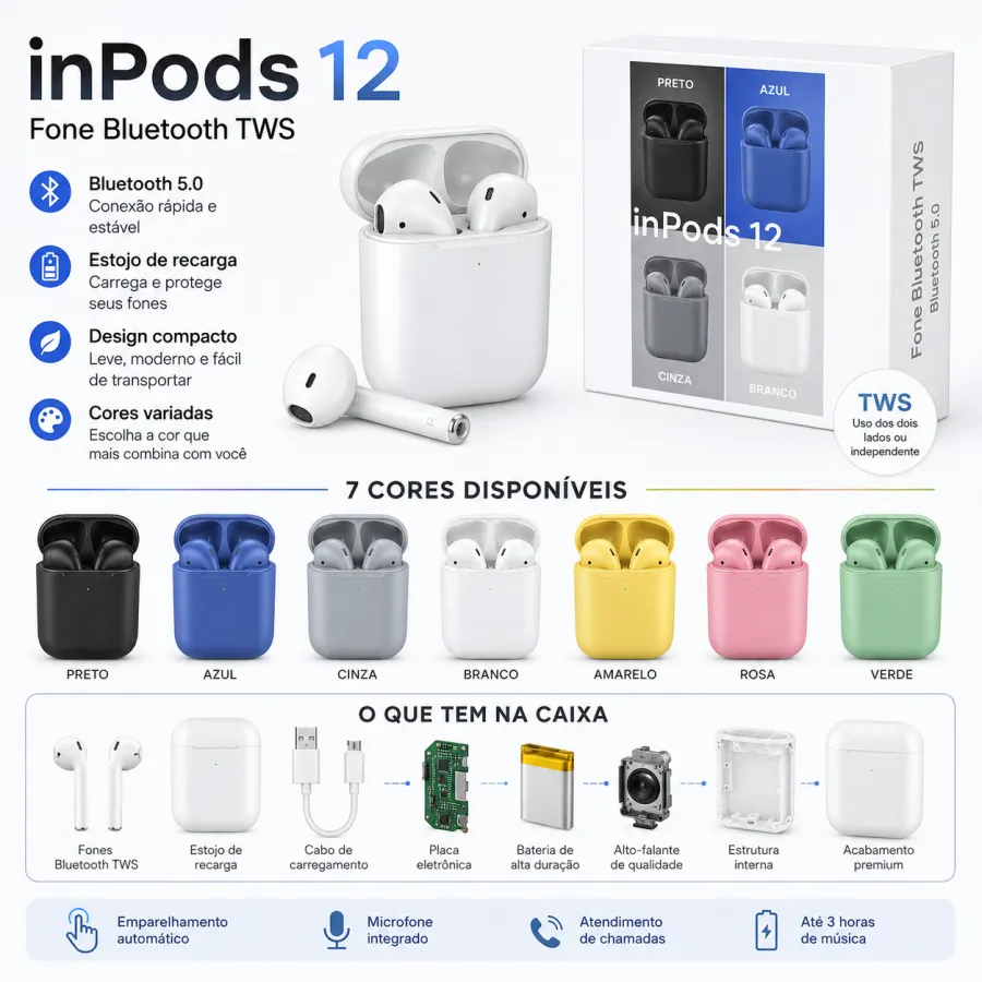 inPods 12 蓝牙耳机，V5.0，黑色/蓝色/灰色/白色可选，真无线立体声