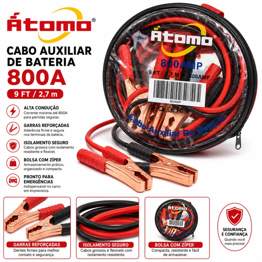 Atomo 800AMP 汽车启动电缆，带绝缘夹，适用于各种车型