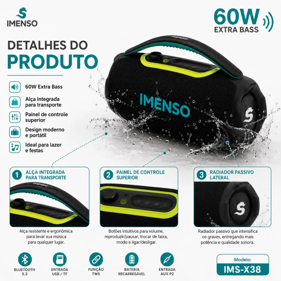 IMENSO 60W防水蓝牙音箱，型号IMS-X38，超重低音，便携式设计