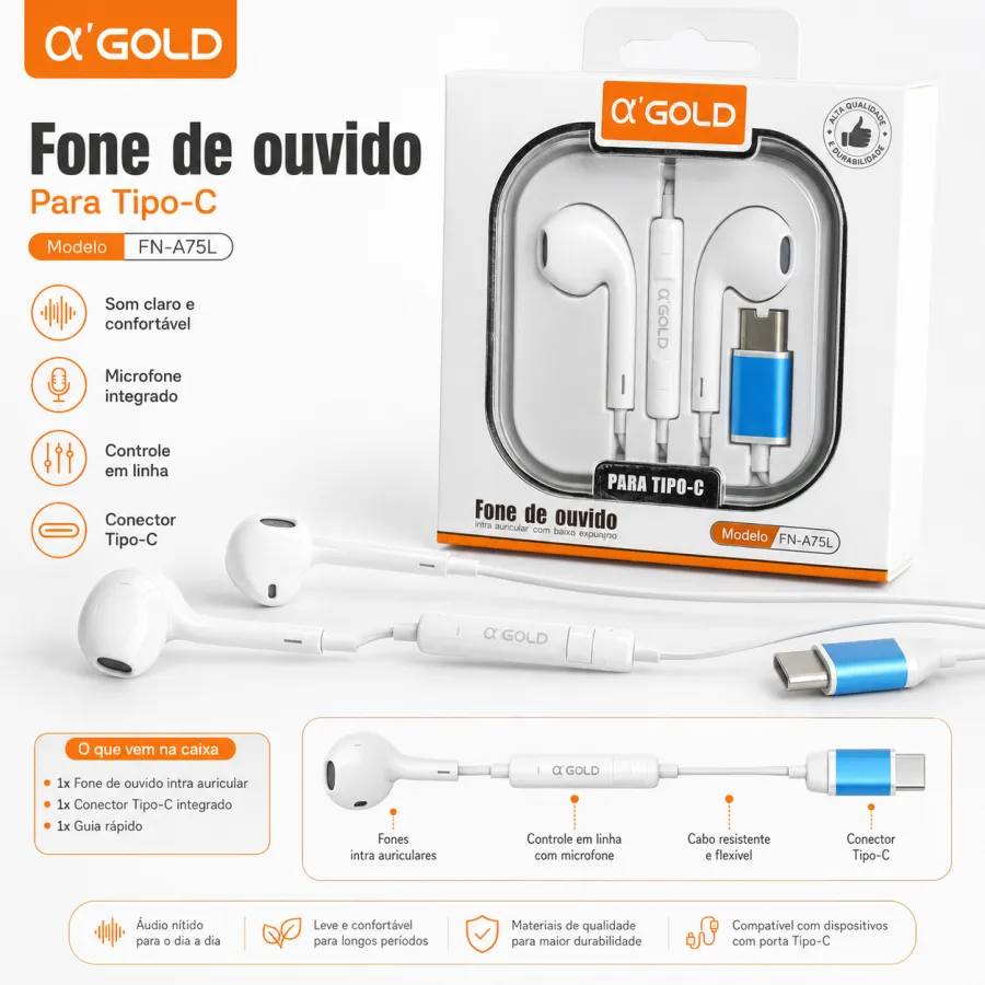 αGOLD 有线耳机 Type-C 接口，适用于手机，音质清晰，舒适佩戴