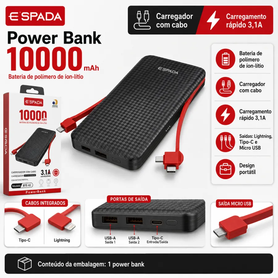 ESPARDA 10000mAh移动电源，带数据线，快速充电，型号BTE-82