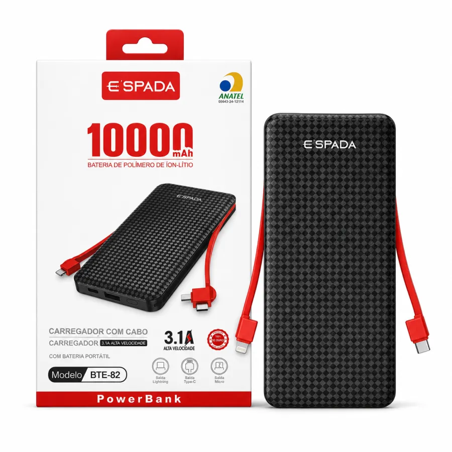 ESPARDA 10000mAh移动电源，带数据线，快速充电，型号BTE-82