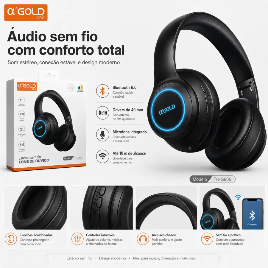 α GOLD Pro 无线耳机 Fone de Ouvido FN-G805，蓝牙，6小时续航，黑色
