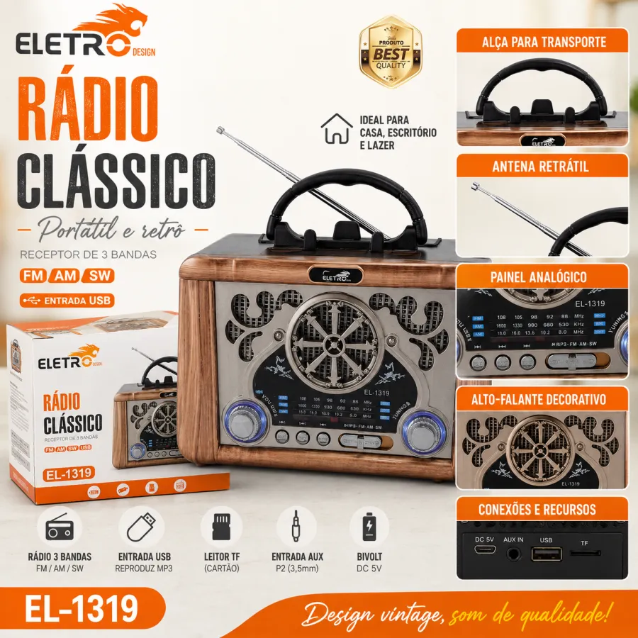 ELETRO经典收音机 EL-1319，三波段，支持AM/FM/CW，USB接口