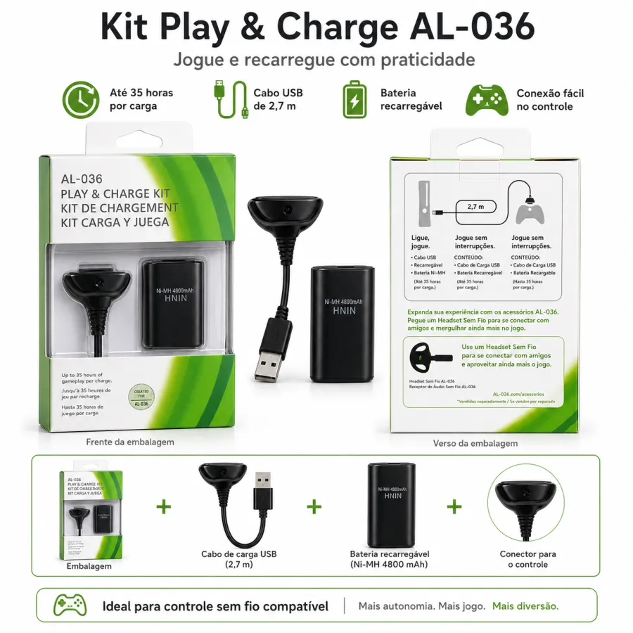 Xbox游戏手柄充电套装AL-036，含充电线和电池，黑色