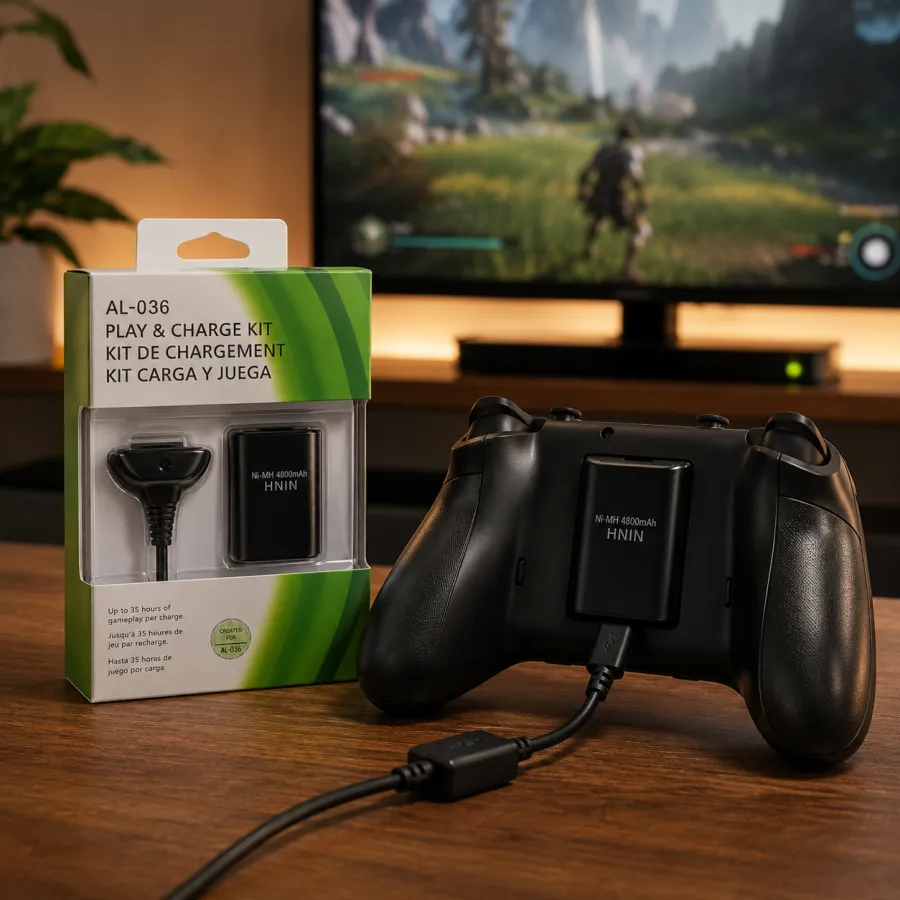 Xbox游戏手柄充电套装AL-036，含充电线和电池，黑色