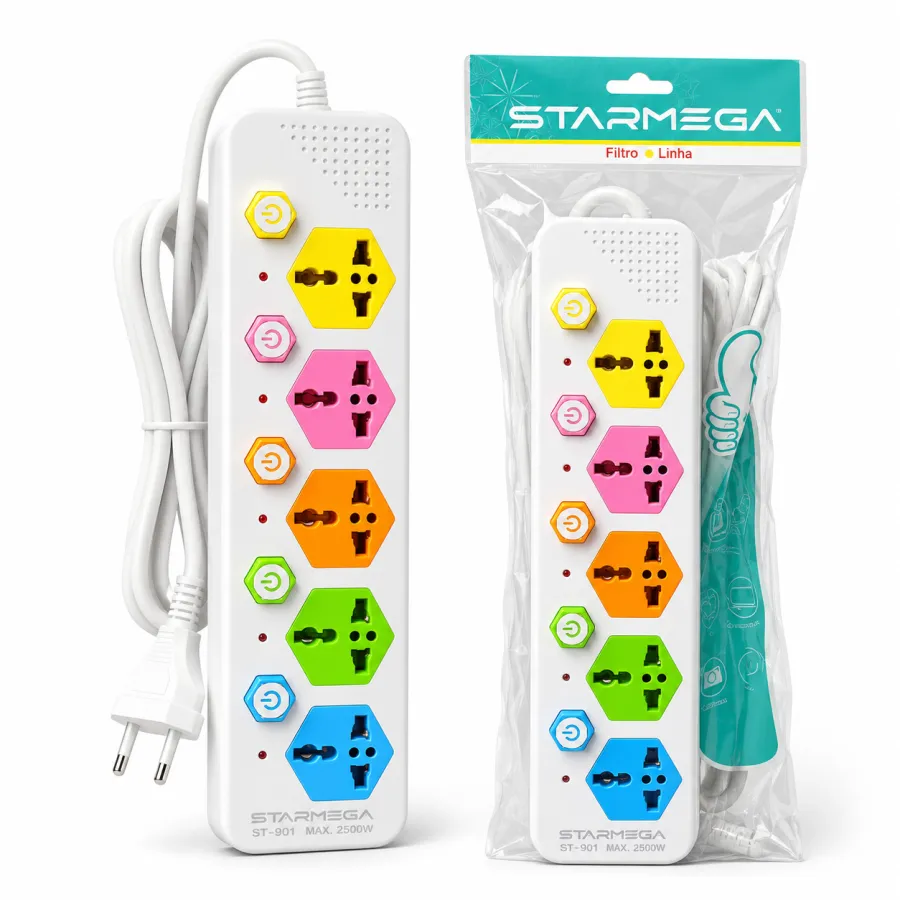 STAMEGA排插 ST-901，带过滤器，六个插孔，适合多种设备，颜色多样