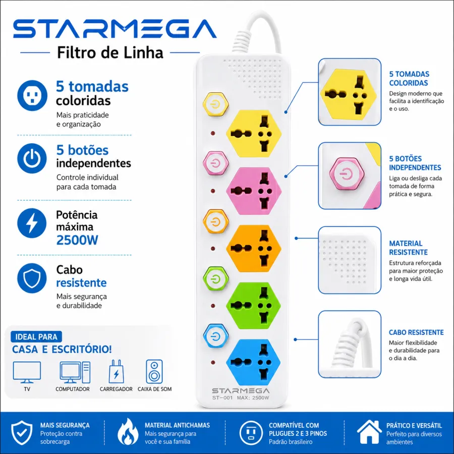 STAMEGA排插 ST-901，带过滤器，六个插孔，适合多种设备，颜色多样