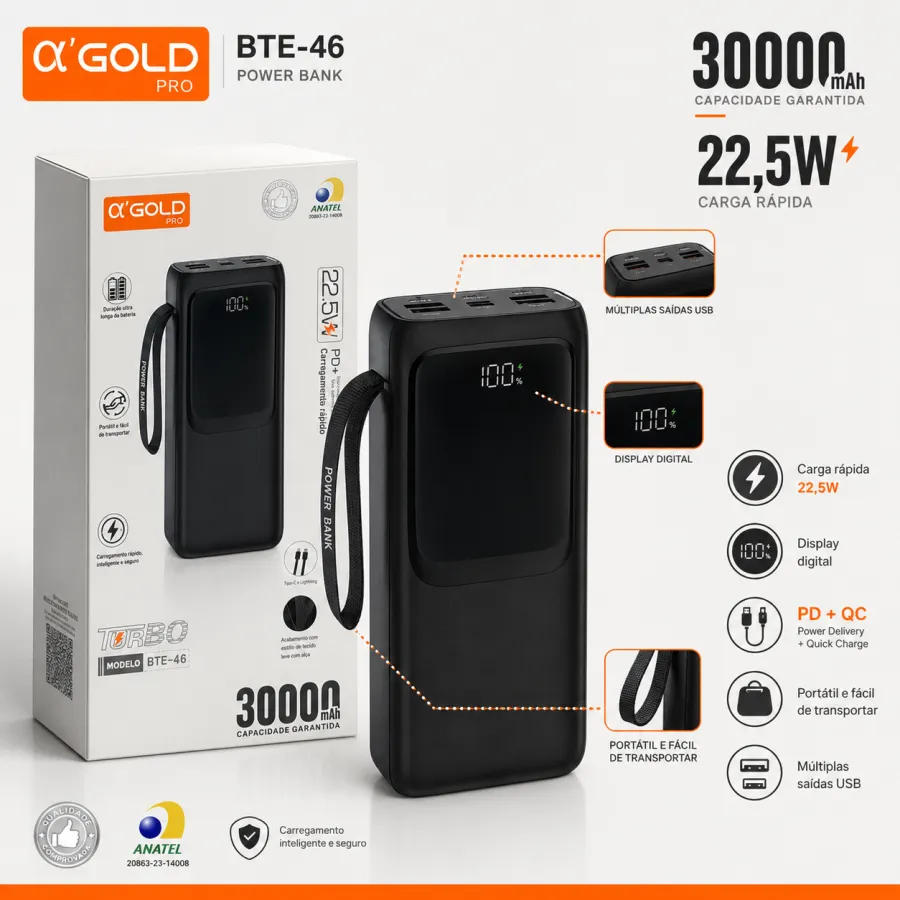 αGOLD移动电源 BTE-46 30000mAh 快充 PD 22.5W 黑色