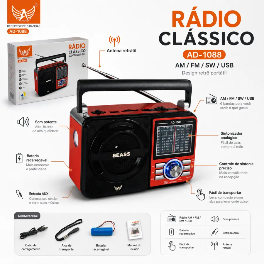 收音机 AD-1088，品牌：SABAS，FM/AM，红色，便携式，USB接口