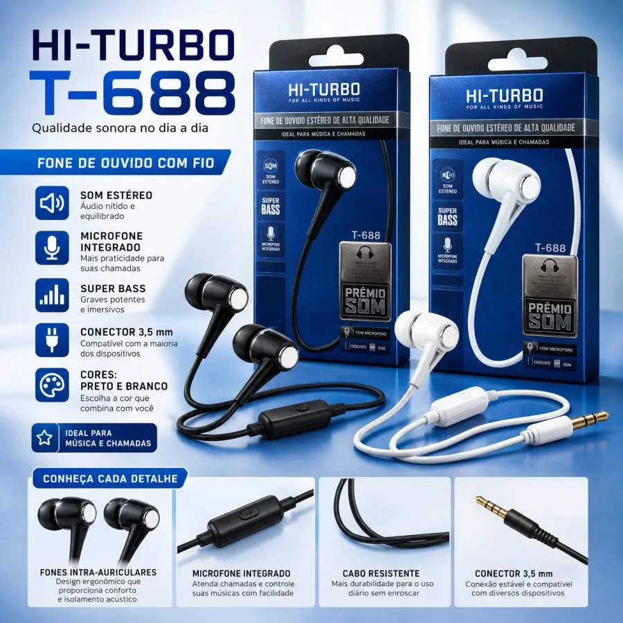 HI-TURBO T-688 有线耳机 黑色/白色 立体声 重低音