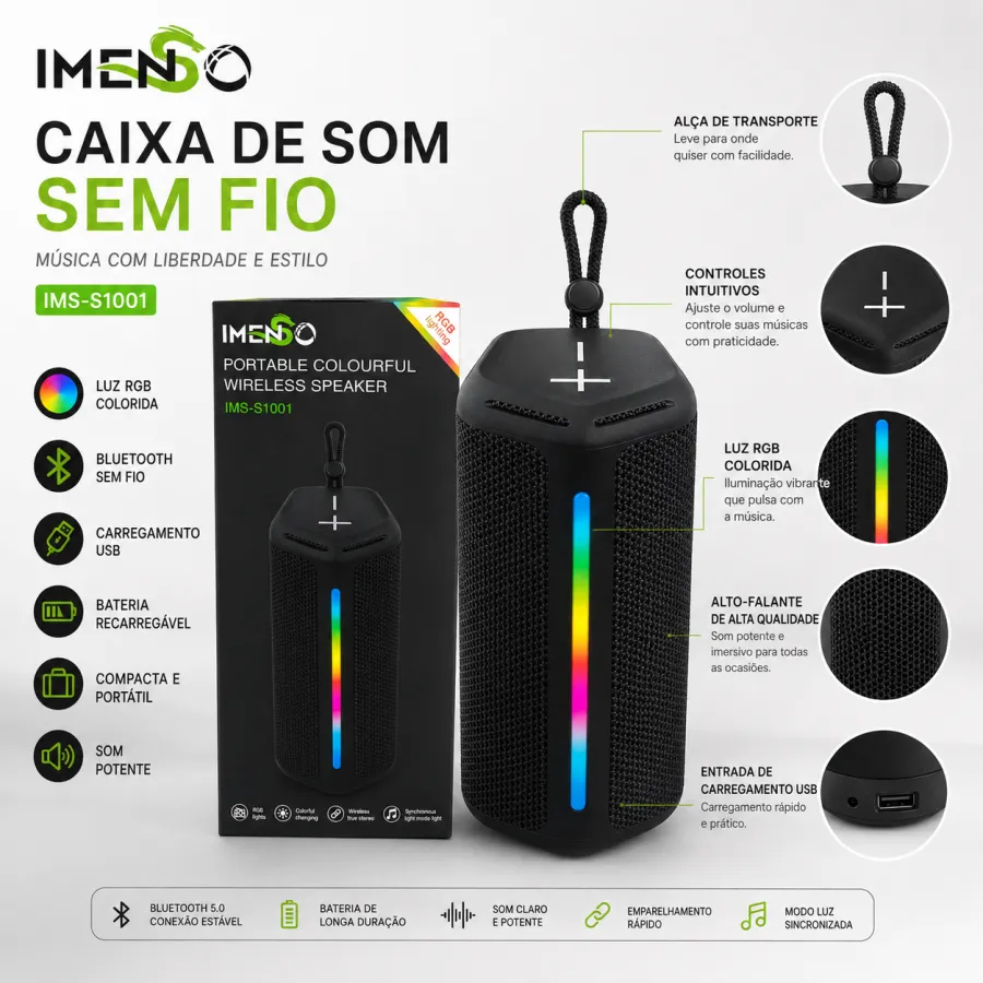 IMENSO便携彩色无线音箱 IMS-S1001，蓝牙音响，带LED灯，黑色