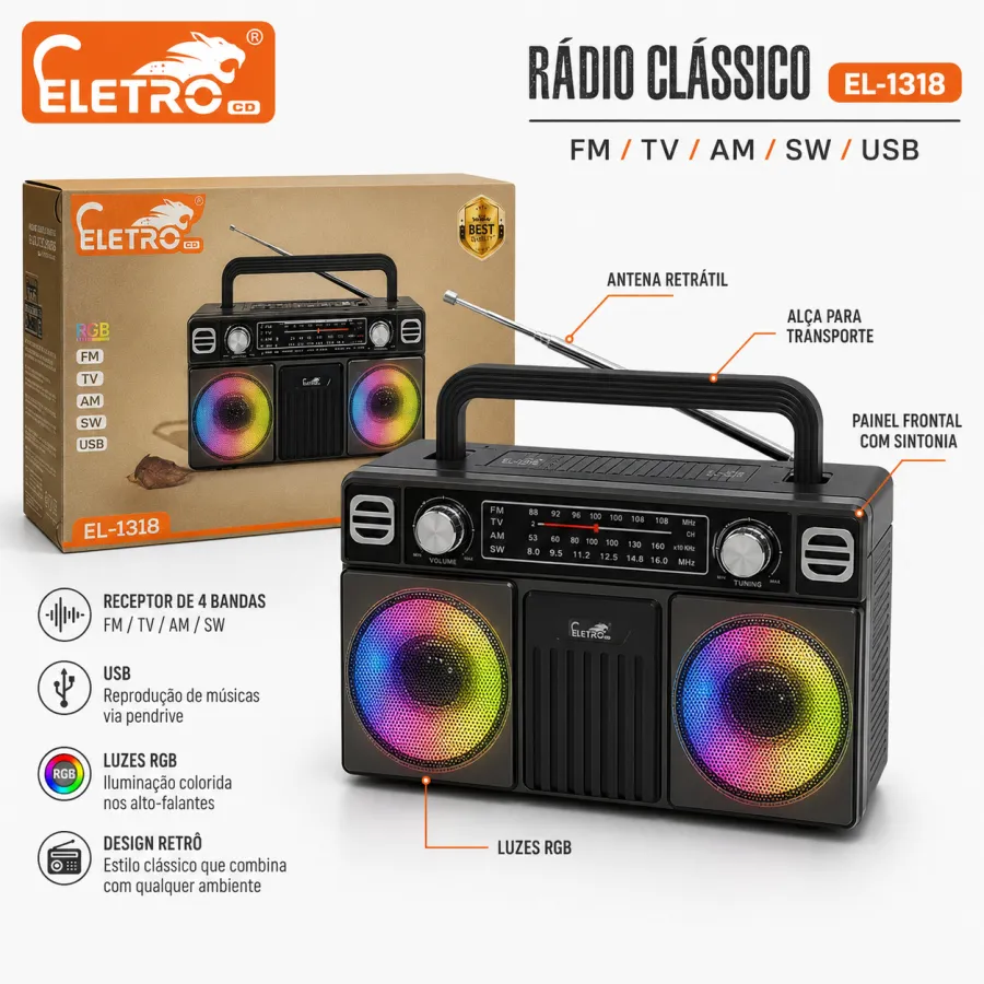 ELETRO经典蓝牙音箱 EL-1318，支持USB/SD卡/FM收音，炫彩灯光效果