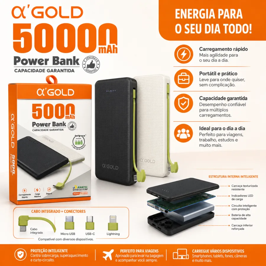 α GOLD 5000mAh移动电源，便携式充电宝，适用于手机和平板