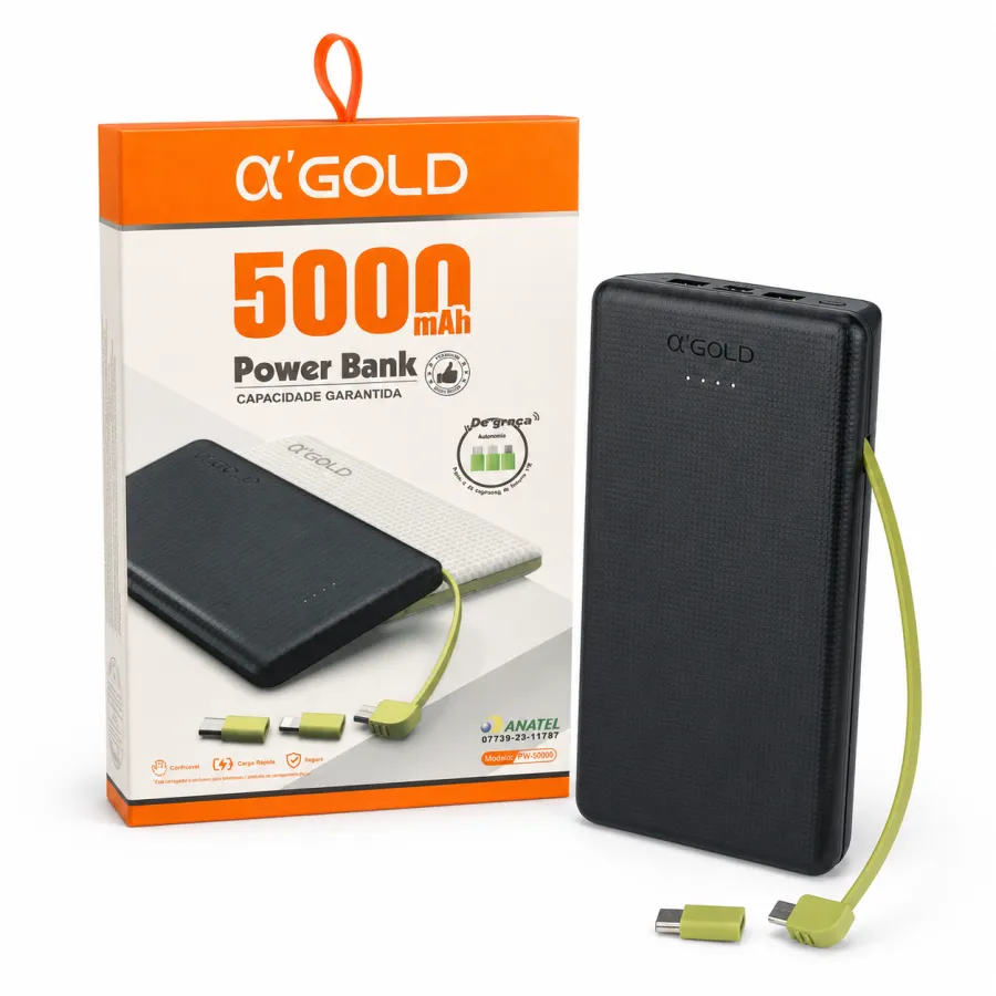 α GOLD 5000mAh移动电源，便携式充电宝，适用于手机和平板