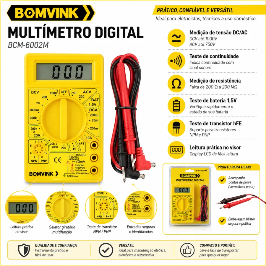 BOMVINK 数字万用表 BCM-5002，测量直流电压、交流电压、电流，带测试线