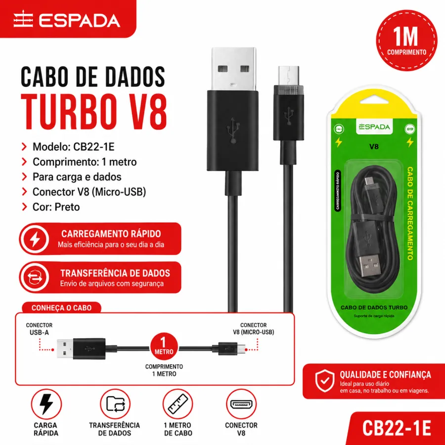 ESPARDA V8涡轮数据线 1米 25W 快速充电CB22-1