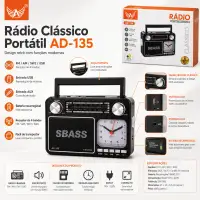 SBASS AD-135 收音机，经典设计，带时钟，便携式，黑色