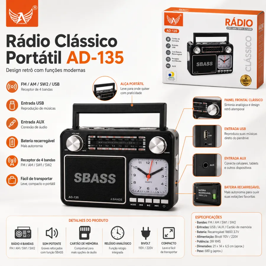 SBASS AD-135 收音机，经典设计，带时钟，便携式，黑色