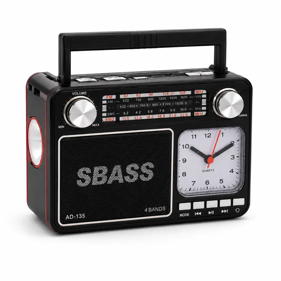 SBASS AD-135 收音机，经典设计，带时钟，便携式，黑色